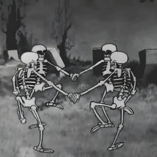 two skeletons dancing in the middle of a field with tombstones behind them, and one skeleton holding another's hand Halloween Skeleton Party Spooky Skeleton Dance Gif, Skeleton Dance Cartoon Gif, The Skeleton Dance 1929 Disney, dim gray