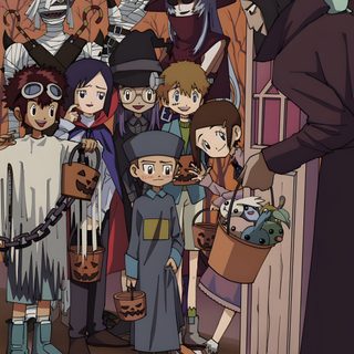 a group of people dressed up in halloween costumes Digimon Halloween Digimon Movie, Digimon Halloween Costume, Digimon Adventure Anime, dark olive green
