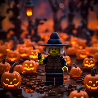 there is a lego man standing in the middle of pumpkins that are lit up Halloween Lego Lego Friends Halloween, Lego Autumn, Fall Lego, Halloween Lego Builds, black