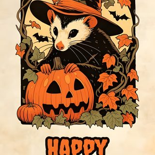 an animal wearing a witches hat and holding a pumpkin Halloween Animal wheat