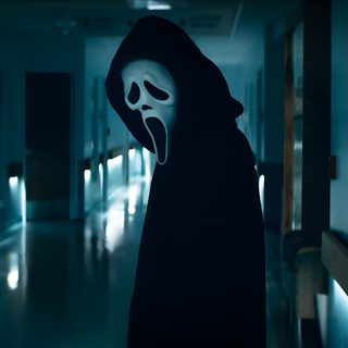 a person in a dark hallway with a ghost mask on Halloween Netflix Scream Movie Scene, Ghostface Horizontal, Scream Scene, Scream Ipad, dark slate gray
