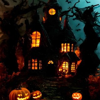 a halloween house with pumpkins on the ground Halloween Forest House black
