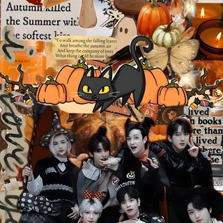 a group of people that are standing in front of a collage with pumpkins Skz Halloween Tree Hut, Fall Kids, Halloween, Kids, Falling Down, Halloween Kids, sienna