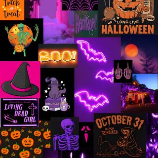 a collage of halloween images with neon lights and pumpkins in the background, Purple And Orange Halloween Halloween Lockscreen Purple, Spooky Purple For Halloween, Purple And Orange Halloween, dark slate gray