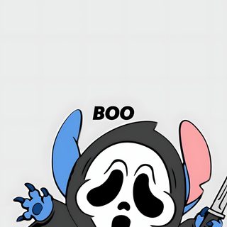 a cartoon character holding a knife and fork in his hand with the words boo on it Stitch Halloween Ghostface Cute Stitch Halloween Aesthetic, Cute Halloween Stitch Backgrounds, Stitch Ghostface, gainsboro