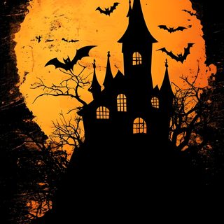 a castle with bats flying over it at night Black And Gold And Orange Halloween Halloween Castle Silhouette With Bats, Halloween Decoration Ideas, Orange Moon Halloween Art,
