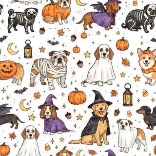 halloween dogs and pumpkins on white background with stars, bats, and jack - o'- lanterns Halloween Dog Background Halloween Designs, Dog Halloween Costumes, Dog Costumes, Halloween Fabric, white