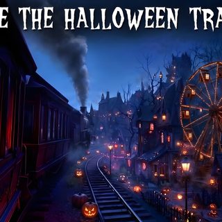 a train traveling down tracks next to a building with pumpkins on it and the words ride the halloween train Halloween Train black