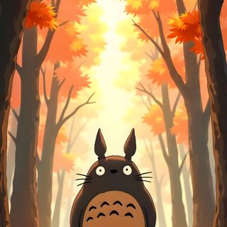 the cartoon totoro is sitting in front of trees with leaves on it and an orange background Totoro Halloween Totoro Iphone, Ghibli Autumn, Ghibli Fall, Halloween Totoro, Studio Ghibli Fall, chocolate