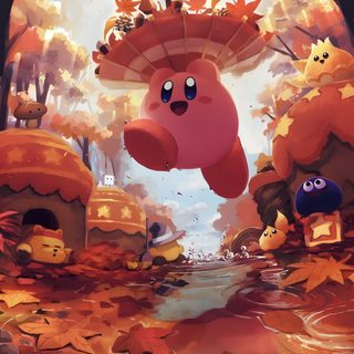an animated character flying through the air over leaves and trees in front of a pond Kirby Halloween Iphone Kirby Fall, Kirby Game, Kirby Autumn, Pokemon Anime Scenery, Kirby Art, indian red