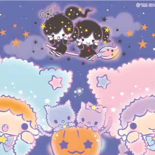 an image of three cartoon sheeps with stars and moon in the sky above them Little Twin Stars Halloween Sanrio Halloween Laptop, Kiki And Lala Halloween, Halloween Sanrio Desktop, silver