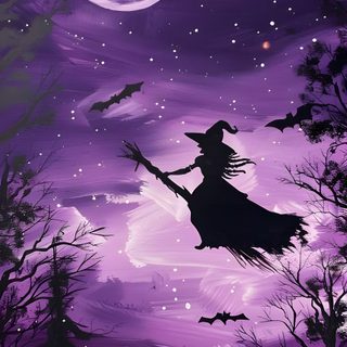 a painting of a witch flying in the night sky Halloween Cute Witch Purple Purple Witch Halloween, Witches Iphone, Purple Flying Witch, dark slate blue