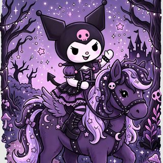 a cartoon character riding on the back of a horse under a purple sky with stars Halloween Purple Halloween Cute Kuromi Dark Purple Kuromi, Sanrio Characters Kuromi, Pictures Of Kuromi, dark slate blue