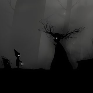 a black and white photo of two people in the woods at night with glowing eyes Halloween Over The Garden Wall Dark Cottagecore Laptop, Over The Garden Wall Laptop, Creepy For Laptop, dark slate gray