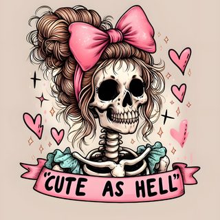 a skeleton with a pink bow on it's head and the words cute as hell Cute Aesthetic Halloween Skeleton Cute Skeleton With Pink Bow, Gothic Cute Aesthetic, Pink Bow Skull Art, light gray