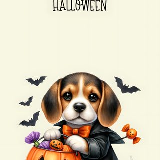 a dog is holding a pumpkin and wearing a black coat with bats around it, while sitting Cute Beagle Halloween Cute Halloween Puppy, Cute Dog Halloween, Halloween Dog, Charlie Brown And Snoopy, beige
