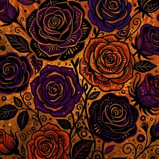 an artistic painting with flowers and leaves on it's surface, in purples and oranges Halloween Floral Custom Flowers, black