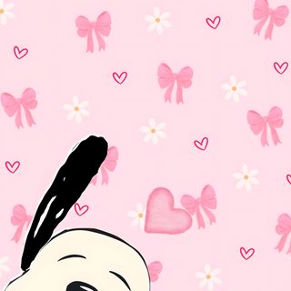 a cartoon character with hearts and bows on a pink background Pink Snoopy Halloween Hello Kitty Backgrounds, Snoopy, Hello Kitty, Kitty, Pink, misty rose