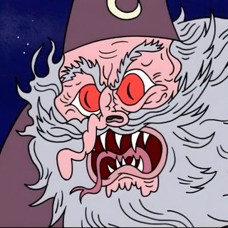 an evil looking cartoon character with his mouth wide open and red eyes, in front of a night sky Regular Show Halloween Cartoon Spooky, Regular Show Wizard, Spooky Animated Characters, dim gray