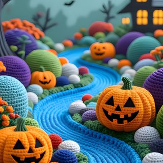 knitted pumpkins on the ground with houses in the background Halloween 4d 3d Iphone Halloween, 3d Halloween, Halloween 4d, Crochet Iphone, Mint Green Iphone, slate gray