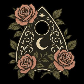 an ironing board with roses on it and a crescent moon in the middle, surrounded by leaves Halloween Planchette Planchette Outline, Crescent Moon Symbol, Occult Decor, Occult Art, Gothic Design, black