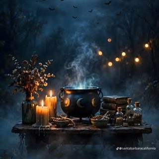 a table topped with candles next to a pot filled with liquid and surrounded by bats Halloween Witch Cauldron dark slate gray