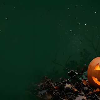 a carved pumpkin sitting on top of leaves in front of a dark green background with stars Green Halloween Desktop black