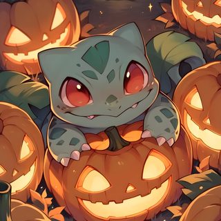 a cartoon cat sitting on top of pumpkins Halloween Bulbasaur Funny Iphone, Pokemon Halloween, Pokemon Mew, Pokemon Craft, Pokemon Bulbasaur, sienna