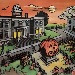 an image of a halloween scene with pumpkins Halloweentown Pumpkin Halloweentown Storybook, Halloweentown Gort House, Vintage Halloween Art Laptop, dark olive green