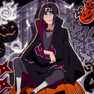 an anime character sitting on top of a pumpkin Itachi Uchiha Halloween Itachi Christmas Pfp, Itachi Christmas, Naruto Halloween, dark slate gray