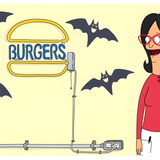 a woman standing in front of a burgers sign with bats on the wall behind her Bobs Burger Halloween Bobs Burgers Jack O Lantern, Bobs Burgers Pumpkin, Bobs Burgers Halloween, lemon chiffon