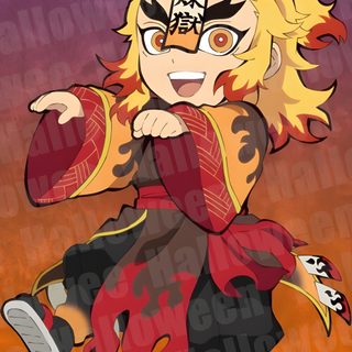 an anime character with red and yellow hair Rengoku Halloween Demon Slayer Halloween Art, Anime Rengoku Chibi, Rengoku Chibi, Halloween Rengoku, sienna
