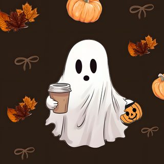 a ghost with a cup of coffee and pumpkins Halloween Ghost For Bedroom black