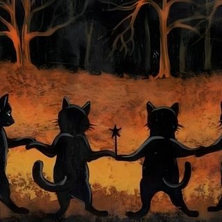 a painting of cats holding hands in the middle of a field with trees and pumpkins Halloween Medium Widget Discord Banner Halloween, Black Cat 4k, Black Cat Hd, dark slate gray