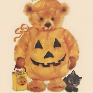 a teddy bear dressed as a pumpkin with a black cat Teddy Bear Halloween Fall Phone Screen, Fall Wigitsmith Ideas, Iphone Cottagecore, Nostalgic Fall, bisque