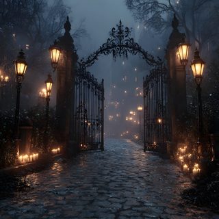 an open gate leading into a dark, foggy park with lanterns on either side Halloween Town Gate Haunted Castle Aesthetic, Haunted Scenery, Spooky Manor Aesthetic, dark slate gray