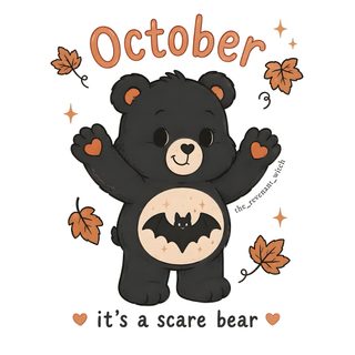 a black bear with an orange bat on it's chest and the words october, it's a scare bear Aesthetic Halloween Care Bear Augtober, Happy Augtober, Cute Screen Savers, October Holidays, white