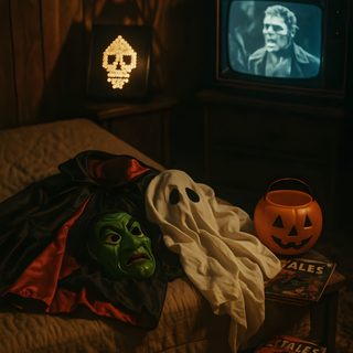 a bed with halloween decorations on it in front of a tv and two pumpkins 80s Halloween Aesthetic Vintage Halloween Aesthetic, 80s Halloween Aesthetic, Spooky Halloween Aesthetic, black