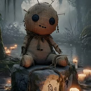 a stuffed animal sitting on top of a rock surrounded by candles in the dark forest Halloween Voodoo Doll Background Design, Creepy Gif, Pagan Gods, Cross, Scary Dolls, dark slate gray