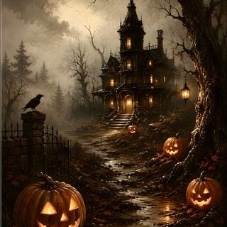 halloween scene with jack o lantern pumpkins in the foreground and a creepy house in the background Vintage Halloween- Bobcats Castle black