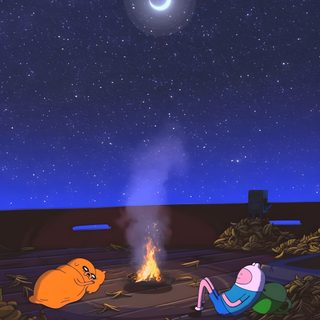 two cartoon characters sitting in front of a campfire under a night sky filled with stars Halloween Adventure Time Adventure Time Moving, Lofi Animated Background, Night Time Cartoons, dark slate gray