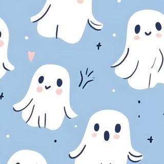 a blue background with white ghost faces and hearts Cute Light Blue Halloween Ghost Pattern, Blue Halloween, Little Ghost Background,
