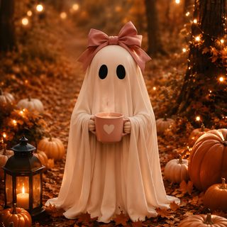 a white ghost with a pink bow holding a coffee cup in its mouth surrounded by pumpkins Halloween Iphone 16 Pro Max Cute Halloween For Phone, Pumpkin, Minimalist Halloween, saddle brown
