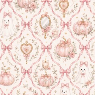 a pink and white wallpaper with pumpkins, roses, bows and other items Rose Gold Girly Cute Halloween linen