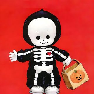 a painting of a skeleton holding a bag with a pumpkin in it's hand Kewpie Halloween Cute Halloween Skeleton, Cute Skeleton Halloween Background, Kewpie Halloween, crimson