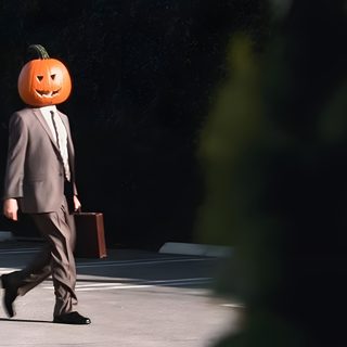 a man in a suit walks down the street with a pumpkin mask on his head Dwight Halloween The Office Dwight, Dunder Mifflin, Pumpkin Carving, Halloween, Outdoor Decor, black