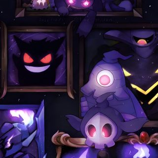 an image of some cartoon characters in the dark Ghost Pokemon Halloween Chandelure 4k, Pokemon Banette, Chandelure Dark Background, Litwick, midnight blue