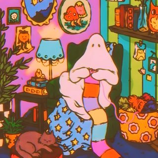 an animated image of a person sitting in a room with christmas decorations on the walls Hippie Halloween Mlg, Bel Art, Surreale Kunst, Hieronymus Bosch, Cool Stuff, Arte Dell'illustrazione, dim gray