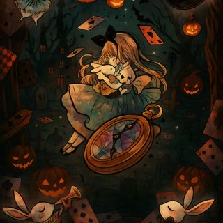 an illustration of a woman holding a baby in her arms surrounded by pumpkins and jack - o'- lanterns Halloween Alice Custom Fairy Tale Halloween, Halloween Wonderland, Fairytale Halloween, black