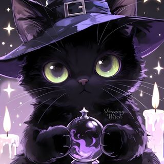 a black cat wearing a witches hat and holding a crystal ball in its paws with stars on the background Kawaii Halloween Halloween Kawaii Cute Black Cat Cute Witchy, Black Cat Aesthetic, Pretty Artwork, dark slate gray
